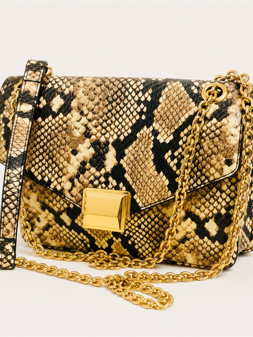 Snake-Print Chain Shoulder Bag in Tan & Black